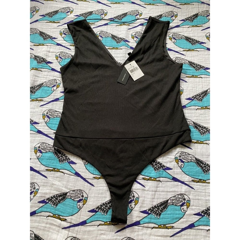 NEW AFRM X Nordstrom One Piece Robbed Black Bodysuit Double V-Neck Women XL